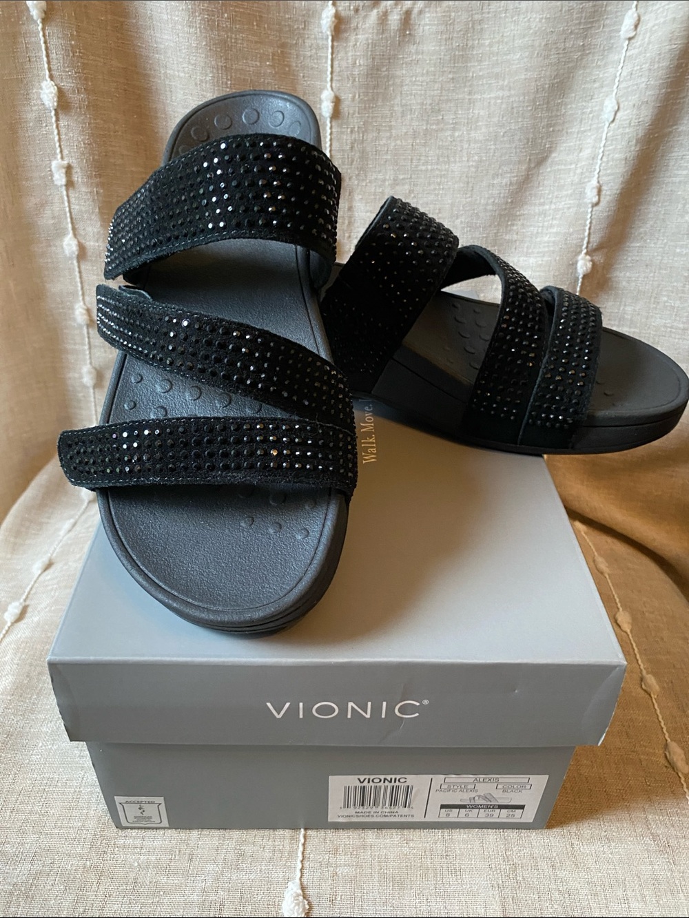 Vionic Black Crystal-Embellished Triple-Strap Slides EUR 39/ US 8